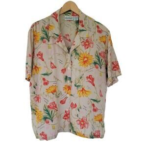 Vintage Patchington Silk Floral Blouse Short Sleeve Button Down Women L Ivory